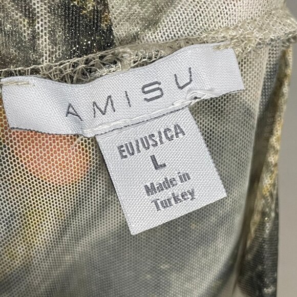 Amisu Sheer Top Marbled Print Gray Long Sleeve Mock Neck Clubbing Festival Woman - Picture 7 of 9